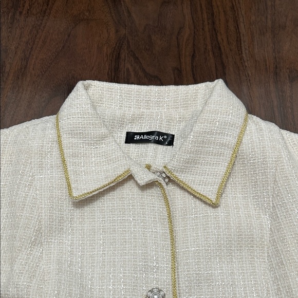 Allegra K Tweed Cream Blazer Jacket Gold Trim - Picture 3 of 11